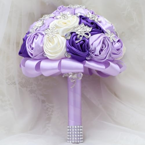 Handmade Wedding Bridal Bouquet with Luxury Silver Rhinestone Brooch for Bride Bridesmaid Quinceanera Satin Rose Flower Wedding Bouquet Purple Lavender and Ivory 7.5in - color: Purple, Lavender & Ivory, size: Medium (DIA. 7.5"/19cm)