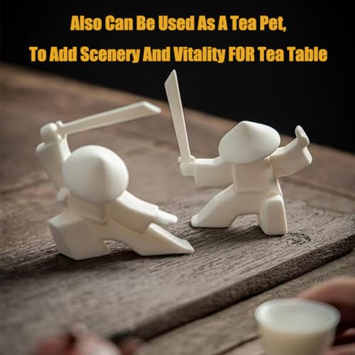 LYART Tea Pet Warrior Statue Figurine Tea Ornament Accessories Cute Kung Fu Tea Ceramic Sculpture Decoration Gift for Tearoom Home Office Children's Day Gift for Tea Lover (White a+b+c) - color: Whitea