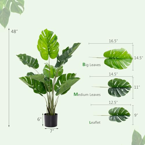 GOFLAME Artificial Monstera Deliciosa Plant, 4ft Potted Faux Tree with 10 Verdant Fake Leaves, Swiss Cheese Plant for Home Decor Indoor, Outdoor, Home, Office, 1 Pack - size: 4ft