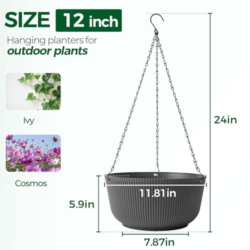 T4U 12 Inch Large Hanging Planters for Outdoor Plants, 2 Pack Self Watering Pots Indoor, Hanging Baskets for Plants,Hanging Flower Pot with Drainage Hole and Plant Hanger, Grey - color: Gray, size: 12 Inch