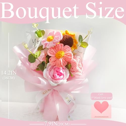Crochet Flowers Bouquet, Handmade Crochet Rose Bouquet Pink,Knitted Flowers,Crochet Roses & Sunflower & Daisys for Home Decor,Birthday,Valentine's Day - color: Pink - Rose Sunflower Daisy