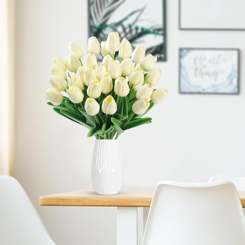 Sggvecsy 15 Pcs Fake Tulips Artificial Flowers Real Touch PU Faux Flowers Tulip Stems for Wedding Spring Bouquet Floral Arrangement Home Party Office Decorations for Mother's Day (Milk White) - color: Milk White, size: 15 Pcs
