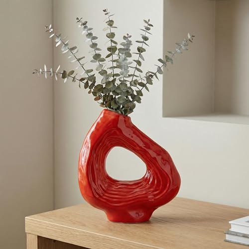 Sunddo Ceramic Flower Vase, 9 Inch Donut Modern Vase for Home Decor, Art Decorative Vase for Living Room, Boho, Bathroom, Shelf, Dining Table Decor - color: Red, size: 9 inch