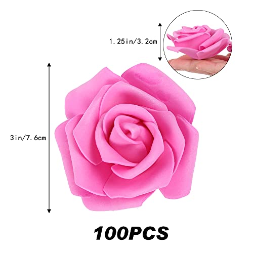 IPOPU Artificial Rose Flower Heads, 100pcs Real Looking Hot Pink Foam Fake Roses for DIY Wedding Baby Shower Centerpieces Arrangements Party Tables Home Decorations (Hot Pink, Stemless) - color: 100pcs Hot Pink
