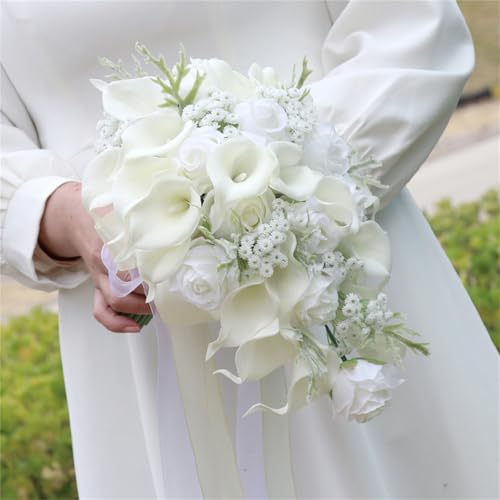 Wedding Bouquets for Bride Artificial White Calla Lily Water Drop Waterfall Bouquets Bridal Cascading Bouquet Flowers for Wedding Bridal Shower Ceremony Anniversary (White Bouquets) - color: White Bouquets