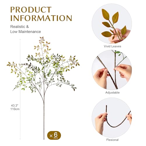 Fake Plants Eucalyptus Stems,Plastics Ficus Stems for Vase Artificial Plants,Greenery Stems for Vase Faux Plants Indoor,43.3" Faux Greenery Indoor Vase Fillers for Home Decor(6pcs Orange) - color: Orange1