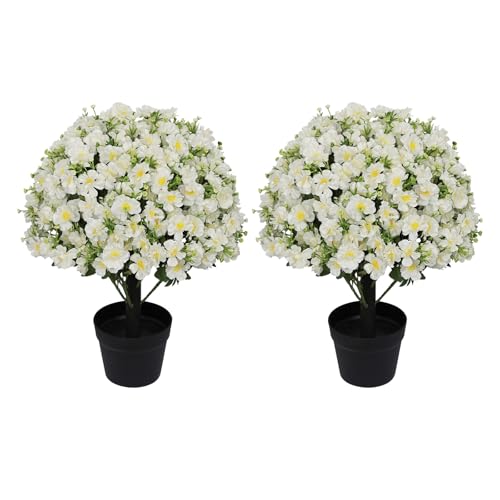 24” Artificial White Flowers for Outdoors, Set of 2 UV Resistant Faux Plants in Cement Pots, Fake Floral Look Real for Front Porch, Entryway & Indoor Spring Decor - color: Artificial Flower Cream White