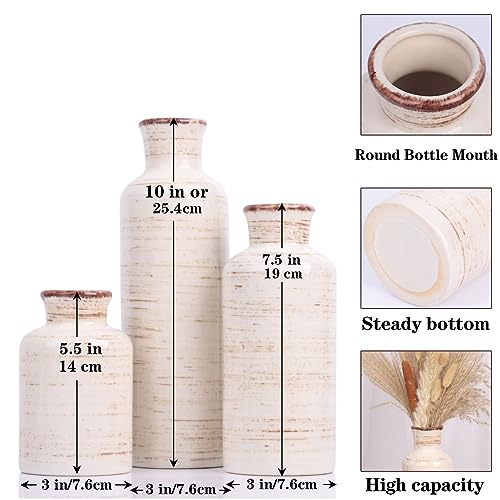 Ceramic Vase Set - 3 Ceramic Small Vases, Farmhouse Country Flower Vase Home Decor, Living Room Decoration, Table Decoration, Fireplace Decor, and Entrance Decorations Centerpieces - color: Beige