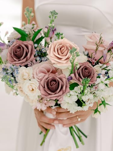 MACTING Artificial Flower Roses Real Touch Fake Flowers with Stem 30PCS Foam Roses for DIY Wedding Bouquet Table Centerpieces Party Holiday Home Spring Valentines Day Decorations(Warm Taupe Nude) - color: Warm Taupe & Nude, size: 30PCS