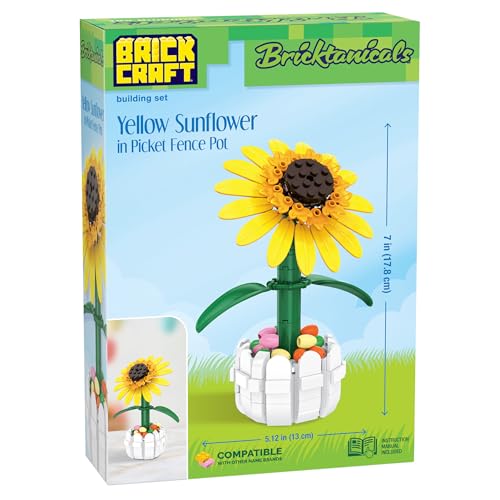 Brickcraft Bricktanicals Yellow Sunflower in Picket Fence Pot Brick Building Set, 213 Piece Botanical Flower Model, Ages 8 Plus, Collectible Build and Display Set, Spring Gift for Kids and Adults - style: Yellow Sunflower Spring