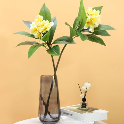 XIYUAN 35.5 Inch Artificial Flowers Artificial Frangipani Flower 2 Stems Lifelike Real Touch Artificial Plumeria Flowers for Home Party Wedding Bouquet Home Decoration (Yellow) - color: Yellow