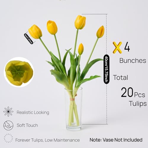 Avoeco 20Pcs Artificial Tulips Flowers Real Touch Latex – Faux Tulips Bouquet for Home Decor, Wedding Centerpieces, Spring Floral Arrangements, Fake Flowers for Vase Decoration (20, Yellow) - color: Yellow