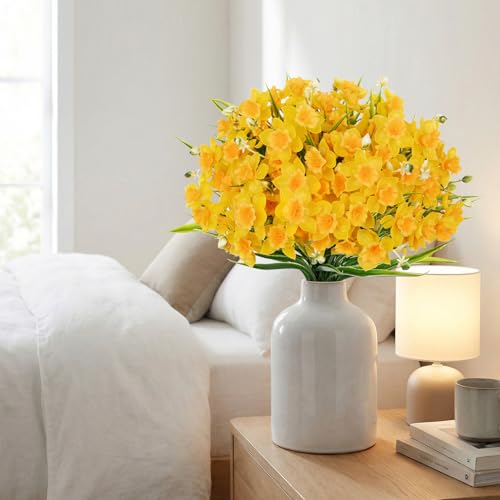 6 Bundles Daffodils Artificial Flowers, 14.2" Faux Daffodils with 90 Flower Heads, Real Touch Fake Spring Flower Yellow Decorative Flowers Bouquet for Home Wedding Centerpieces Vases Arrangement - color: Yellow, size: 6 Bundles-14.2 Inch
