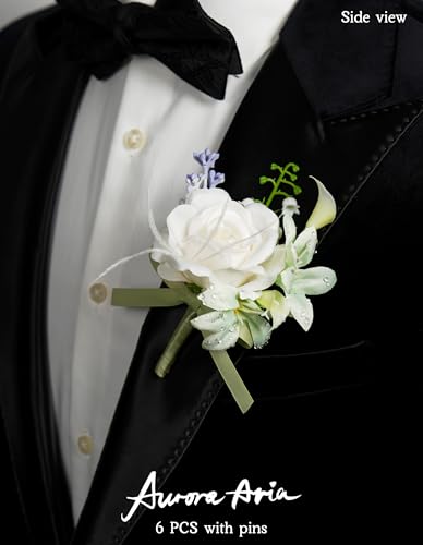 AuroraAria Pearl White Boutonniere for Men,Set of 6,Groom Boutonniere for Wedding,Anniversary,Homecoming,Formal Dinner Party,Wedding Decor,Artificial Pearl White Rose - color: Pearl White