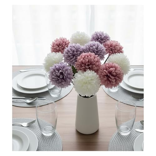 Artificial Silk Chrysanthemums with Eucalyptus, 12" Faux Mums | 12 Stems (Purple, White, Fuchsia) + 3 Eucalyptus, Plastic Stems Bendable, for Home Table Wedding Party Office Decor - size: 15pcs