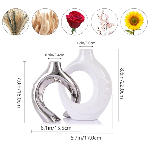 LCCCK White and Silver Ceramic Vases for Home Decor, Boho Vase for Flowers Pampas Grass Decorative, White Silver Hollow Donut Small Vase for Living Room Table Wedding Centerpiece Modern Vases - color: White and Silver