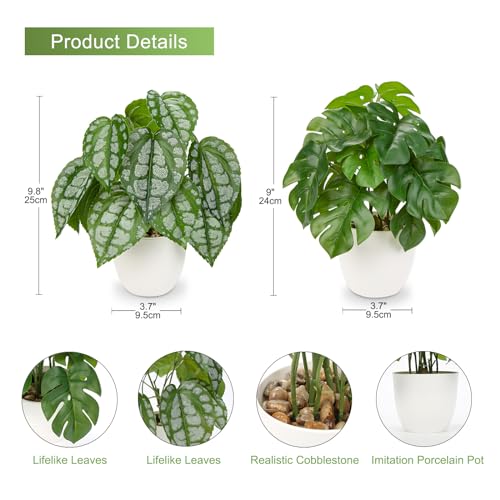 Fake Plants Small Artificial Plants Indoor Set of 2 Faux Plants with Pots Realistic Monstera Fake Potted Plants Artificial Decor for Home Bedroom Aesthetic Bathroom Shelf Living Room Office Table - color: Set of 2 Green