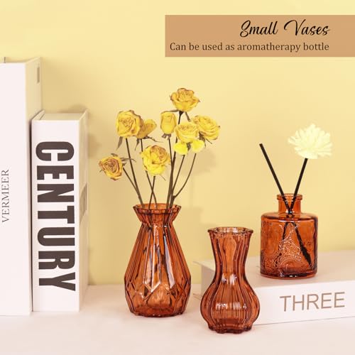 36Pcs Bud Vases Set Small Vintage Glass Bottles Bud Vases in Bulk Multiple Shape Cute Glass Vases for Rustic Wedding Centerpieces Table Decorations and Home Decor (Dark Amber) - color: Dark Amber