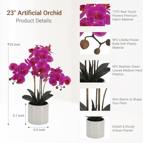 Fake Orchid Plant 23" Tall, Realistic Touch Leaves, Potted Phalaenopsis Artificial Plants Indoor for Home Decor Small Office Home Living Room-Dark Pink - size: 23 Inch Phalaenopsis Orchid Dark Pink