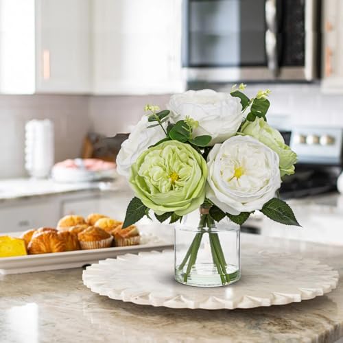 Hollyone Green Peonies Artificial Flowers in Vase Real Touch Flowers Arrangements Fake Peony with Glass Vase Silk David Austin Roses Flower with Clear Faux Water Bouquet Table Centerpiece Home Decor - color: Green and White