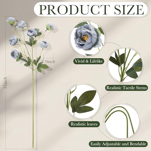 6 Pcs 32" Large Haze Blue Artificial Peonies Stems Flowers, Real Look Faux Silk Peony Bouquet 42 Heads Total for Vase Filler, Farmhouse Rustic Neutral Home Decor, Wedding Centerpieces - color: Haze Blue
