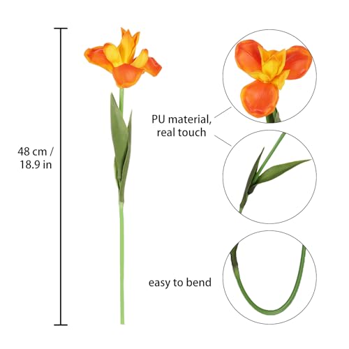 6 PCS Iris Flowers Artificial Real Touch Orange Flowers 18.9 in Long Stems Artificial Iris for Wedding Bridal Home Kitchen Party Decoration (Orange) - color: Orange