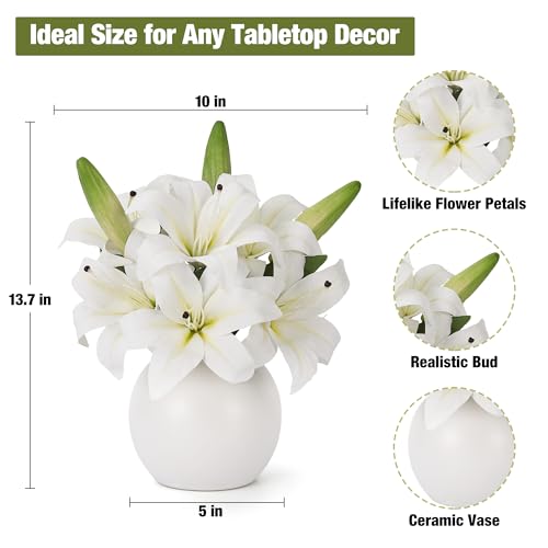 White Real Touch Artificial Tiger Lily and Easter Lily, Silk Faux Flowers Arrangement with Ceramic Vase, Fake Floral Bouquet for Easter, Office, and Home Decor - color: White, size: Lily, Silk