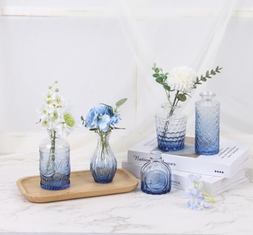 5pcs Blue Glass Bud Vase Set, Small Flower Vases for Centerpieces in Bulk, Mini Vintage Vase for Home, Wedding, Table Decor - color: Blue, size: 5pcs