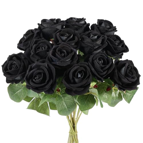 Auihiay 14PCS Black Artificial Roses, Velvet Silk Roses Bouquet with Long Stems for Valentine's Day, Gothic Wedding, Halloween Decor, Home & Event Arrangement - color: Black