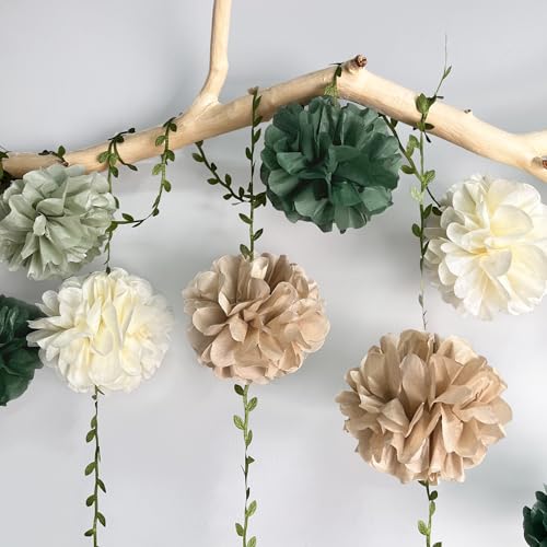 Sage Green Beige Party Decorations Tissue Paper Flowers Pom Pom with Leaf Ribbon Hanging Garland Streamer for Neutral Baby Shower Birthday Wedding Bachelorette Safari Jungle Woodland Party Supplies - color: Sage Green