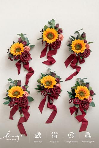 Ling's moment Artificial Bridesmaid Bouquets Set of 6,Sunflower Wedding Flower Bouquets Floral Bouquet Bridal Bouquets with Ribbon Ceremony Anniversary,7-inch Diameter - color: Ylw-sunflower