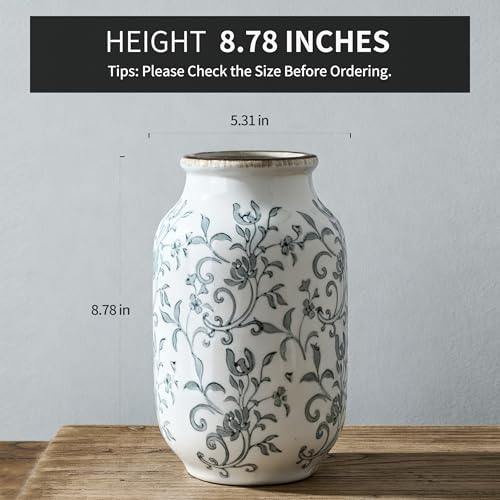 SIDUCAL Ceramic Vintage Vase, 8.78 Inch Chinoiserie Floral Vase, Retro Ice Cracked Rustic Farmhouse Vases for Home Decor, Living Room, Bookshelf, Office, Tuscan Decor, Gray Floral Pattern - color: 18049-gray