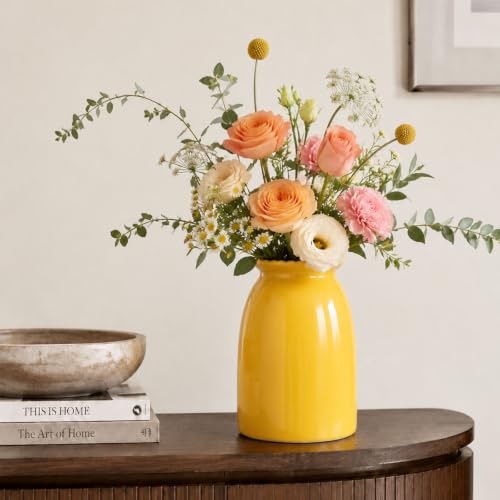 hjn Yellow Ceramic Vase Modern Minimalist Table Centerpiece, Round Smooth Flower Holder for Living Room, Shelf, Mantel, Wedding & Home Decor-8.3" H - color: Yellow-8.5inch