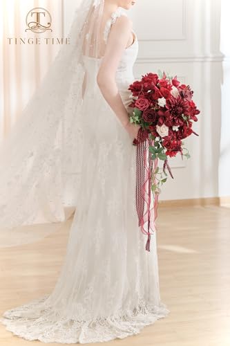TINGE TIME 15 Inch Artificial Wedding Bouquets for Bride, Cascading Bouquet Wedding Bride Holding Flowers for Wedding Ceremony Anniversary, Bridal Shower and Party (Burgundy Red) - color: Burgundy Red