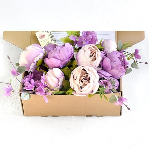 FiveSeasonStuff Dusty Purple & Greenery Accents Artificial Peony Bouquet, Two Coordinating Faux Silk Flower Bundles with Hydrangeas - color: Dusty Purple Green Mix