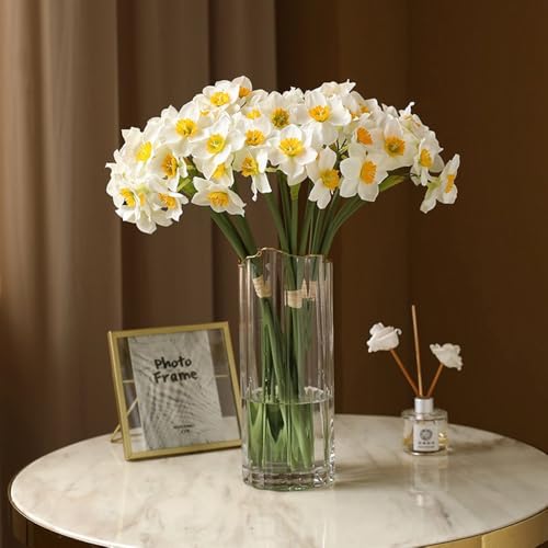 XIYUAN 6 Bundles Daffodils Artificial Flowers 20inch Lifelike Real Touch Narcissus Spring Flowers PU Fake Daffodil Flower Home Indoor Outdoor Wedding Table Party Decor (White)