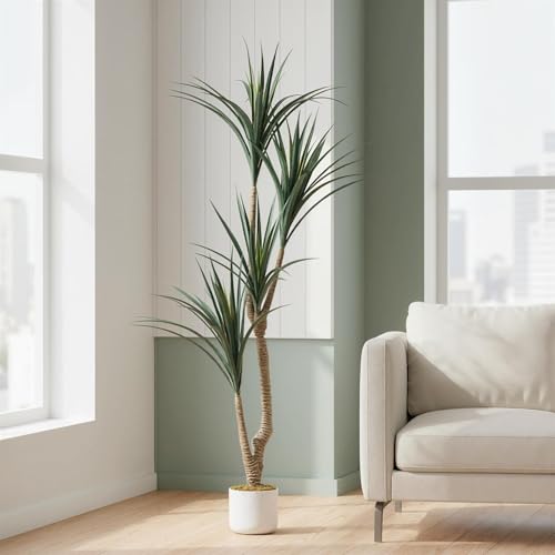 5.4FT Tall Artificial Dracaena Tree in White Pot, Evergreen Faux Dragon Yucca Plant Tree, 65in Tall Indoor Fake Yucca Tree Decorative Potted Floor Plant, for Living Room Entryway Porch Office