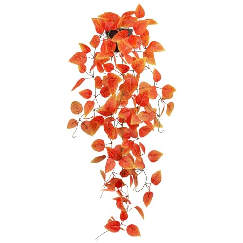 Fake Fall Plants Hanging Faux Orange Vines Artificial Potted Pothos Plant- Fall Decorations Autumn Decor for Thanksgiving Bathroom Wall Kitchen Room Decor Indoor and Outdoor (Black Pot) - color: Fall Pothos