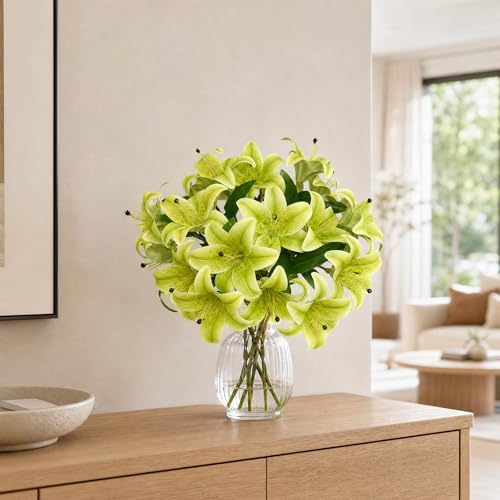 Artificial Lilies Flowers,10Pcs Faux Lily Flower,20''Tiger Lily Branch with 2 Full Blooms, Faux Fake Lilies Plants for Wedding Bouquet Home Party Indoor Floral Arrangements (10, Green) - color: Green