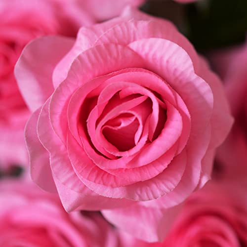 FiveSeasonStuff Rose Pink Real Touch Artificial Roses, 12 Faux Silk Flower Stems with Bendable Wire and Green Leaves for Vase Arrangements - color: Rose Pink