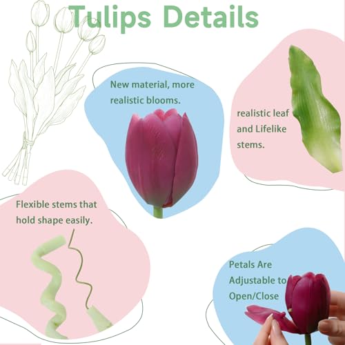 15 Pcs Deep Purple Artificial Tulips Fake Flowers, Premium Latex Lifelike Texture, UV Resistant Waterproof Faux Tulip Bouquets with Snap-on Petals for Outdoor, Home, Wedding Decor - color: Deep Purple