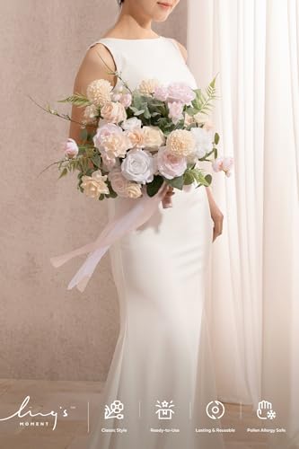Ling's moment Blush Pink Bridal Bouquet Cascading, Coral Wedding Bouquets for Bride, 15 Inch Free Form Artificial Wedding Flower Bouquet - color: Pk-blush & Cream, size: Medium 15 Inch