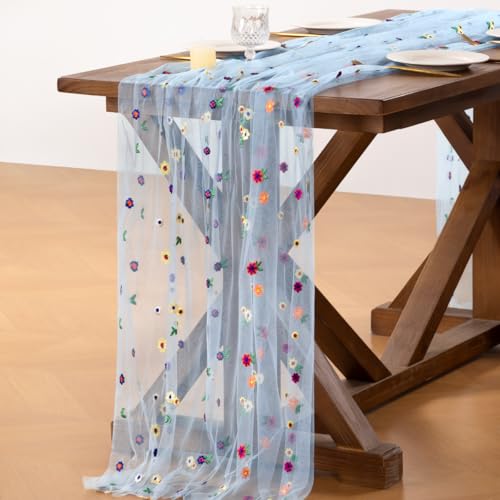 Socomi Flower Table Runner Summer Daisy Floral Tulle Gauze Cheesecloth Embroidery Table Runners for Tea Party Garden Wedding Bridal Baby Shower Birthday Picnic Decor Blue 3pcs - color: Daisy Blue, size: 10ft X 3pcs