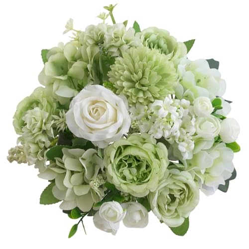 4 Pcs Mixed Artificial Peony Flowers Set-2 Bouquets & 2 Stems, Green Fake Peony Rose Hydrangea Flower for Vase Silk Floral Arrangements for Table Centerpiece Wedding Party Bridal Decoration Home Decor - color: Green, size: Mixed 4pcs
