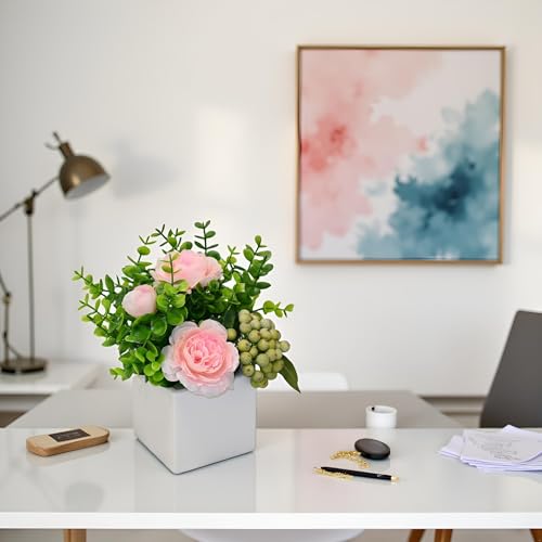 Pink Artificial Rose Eucalyptus Berry Faux Floral Table Home Bathroom Decor | Faux Floral Decor with Eucalyptus Leaves Frosted Green Berries, Small Potted Plant for Office Desk Indoor Home Decorations - color: Pink+green