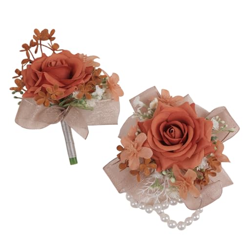 Alizeal 2Pcs of Wrist Corsage and Boutonniere Set, Artificial Flowers Accessories Suit Decor for Wedding Prom Party Homecoming Ceremony, Orange - color: 701-orange