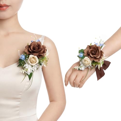 Ling's moment 2pcs Prom Wrist/Shoulder Corsage Artificial Flower, Girl/Mother Homecoming/Wedding Corsage Wristlet Décor, etc. Tawny Beige Berry Pink - color: Brn-tawny Beige & Berry Pink