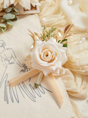 Serwalin Champagne Rose Corsage and Boutonniere Set, 2 Pcs Boutonniere and Wrist Corsage Wristlet Prom Flowers Wedding Ceremony Party Accessories Suit Decorations - color: Champagne, size: 1 Boutonniere & 1 Wrist Corsage - 2pcs