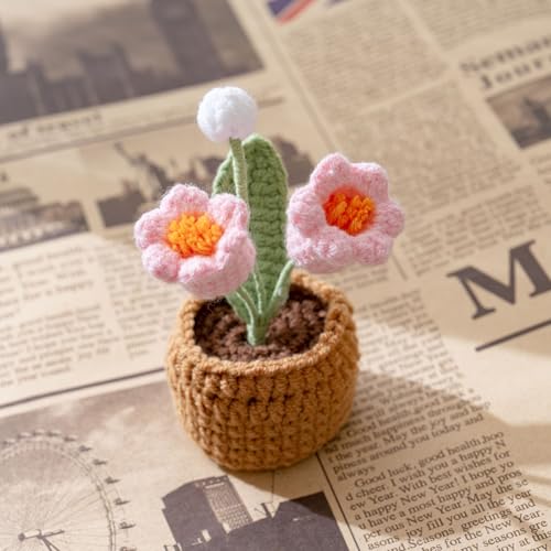 Handmade Crochet Flowers, 5 Inches Small Potted Plants, Knitted Canterbury Bells Desk Decorations for Home Office Decor (Two Heads) - color: 3：canterbury Bells
