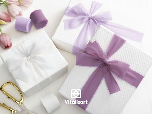 Vitalizart Chiffon Silk Ribbon Handmade Fringe 1.5" x 21 Yd Lavender Light Purple Lilac Frayed Edges Ribbons for Wedding Invitations Bridal Bouquets Gifts Wrapping Crafts Holiday Party Decorations - color: Lavender & White